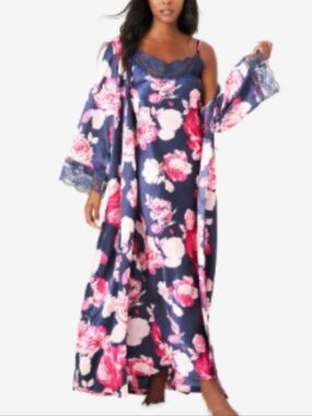 Amoureuse Nightgown and Robe Set - Navy with Pink Floral plus size